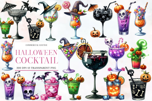 Watercolor Halloween Cocktail Clipart PNG Bundle | Spooky Drinks, Martini, Potion & Pumpkin Cocktails PNG