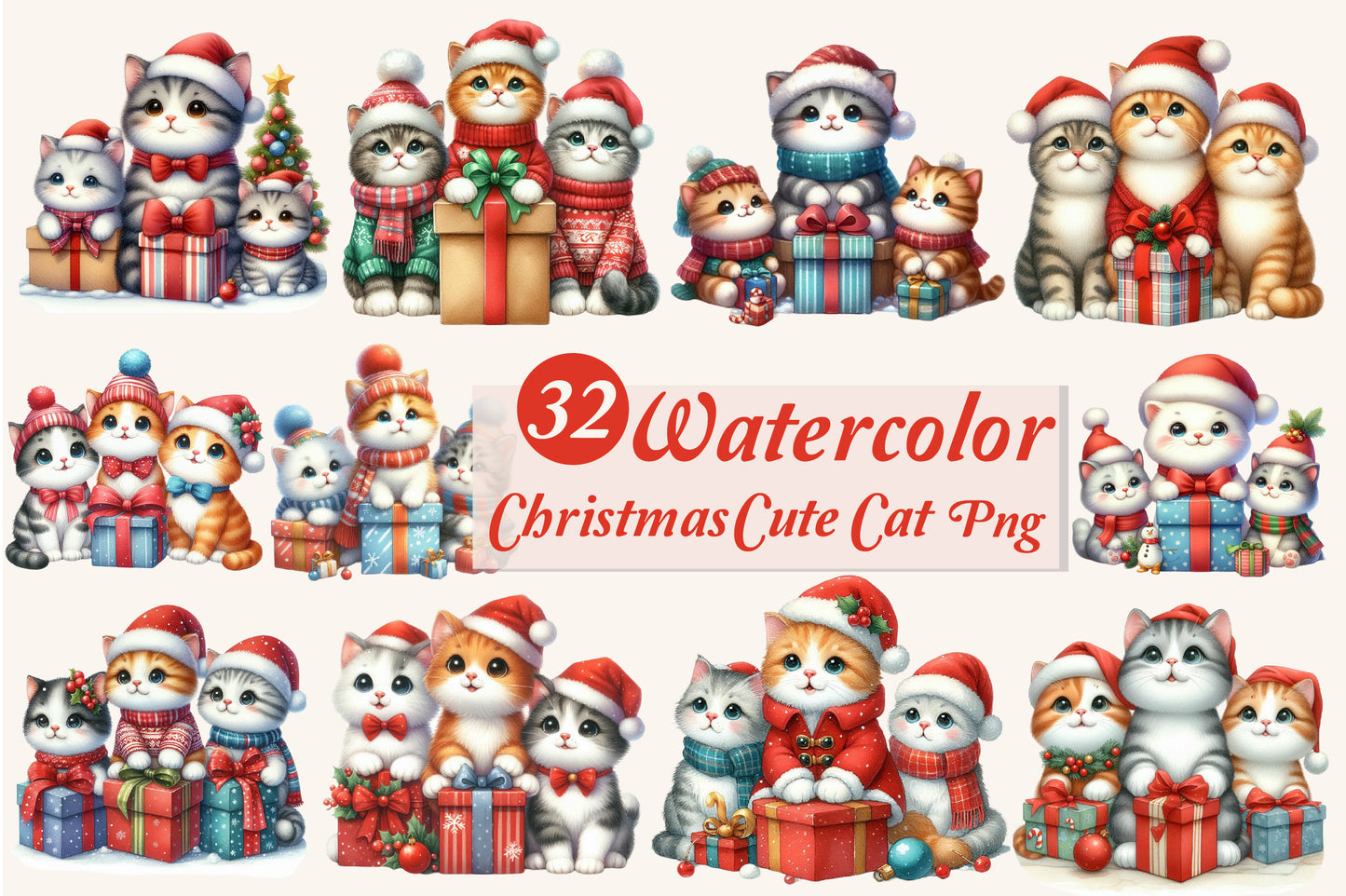 Christmas Cute Cat PNG Clipart Bundle | Watercolor Christmas Cats, Santa Kittens, Gifts & Holiday Cat Designs