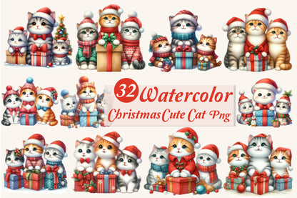 Christmas Cute Cat PNG Clipart Bundle | Watercolor Christmas Cats, Santa Kittens, Gifts & Holiday Cat Designs