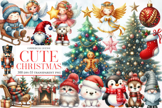 Cute Christmas Clipart PNG Bundle | Christmas Angels, Santa, Nutcracker, Christmas Tree, Penguin, Deer, Cat, Gnome & Holiday Clipart