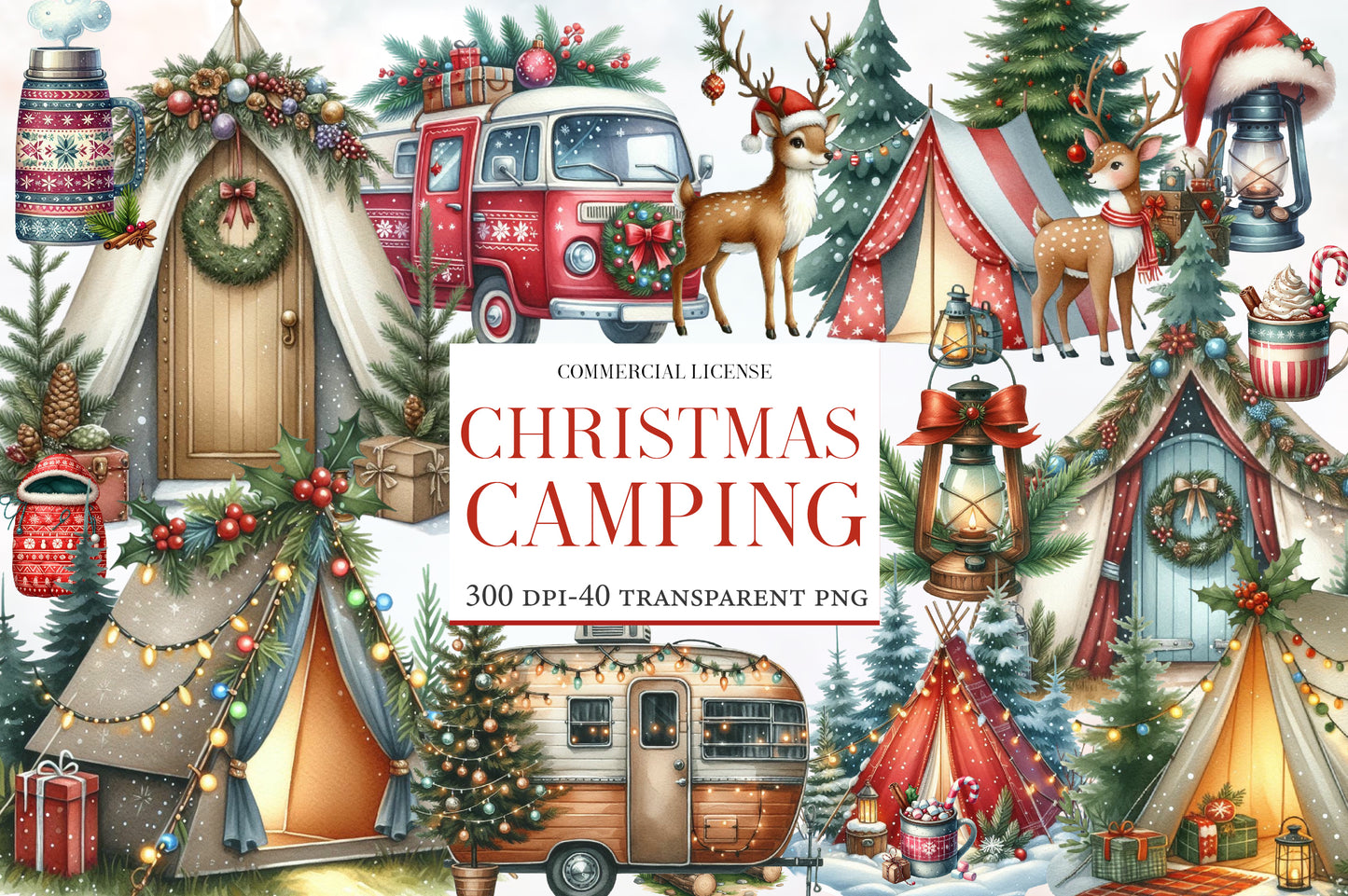 Christmas Camping Clipart PNG Bundle | Watercolor Cozy Holiday Camping Clipart | Festive Winter Camping PNG