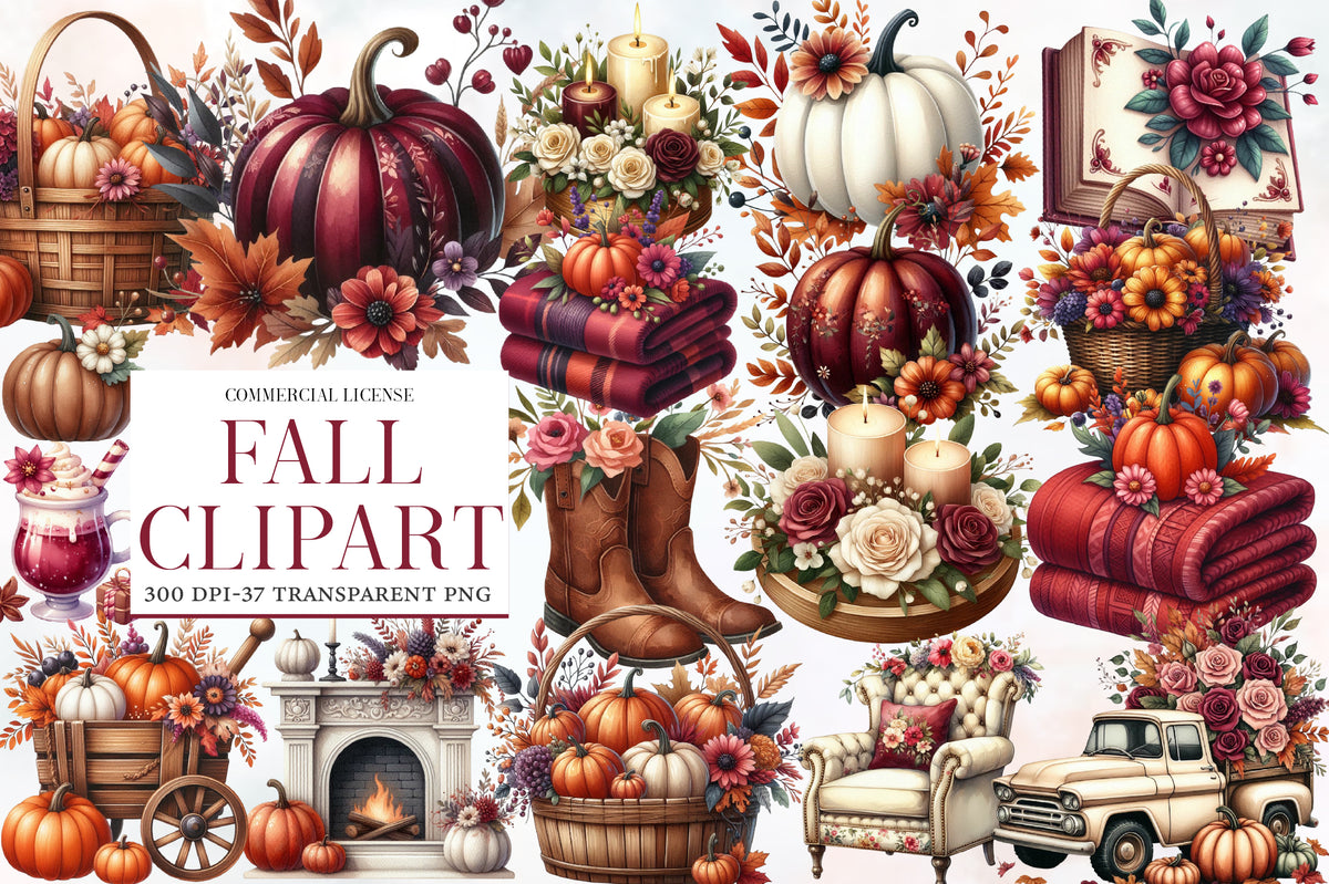 Fall Watercolor Clipart PNG Bundle | Cozy Autumn Clipart | Thanksgiving Sublimation