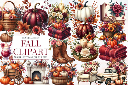 Fall Watercolor Clipart PNG Bundle | Cozy Autumn Clipart | Thanksgiving Sublimation
