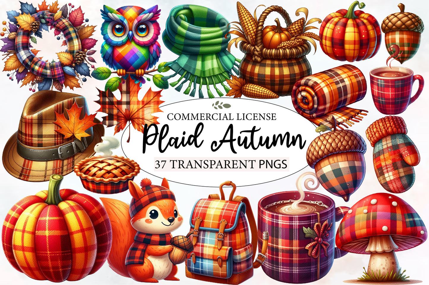 Watercolor Plaid Autumn Clipart PNG Bundle | Fall Plaid Pumpkin, Buffalo Check, Cozy Autumn & Farmhouse Clipart