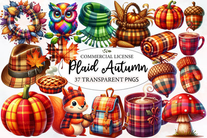 Watercolor Plaid Autumn Clipart PNG Bundle | Fall Plaid Pumpkin, Buffalo Check, Cozy Autumn & Farmhouse Clipart