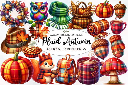Watercolor Plaid Autumn Clipart PNG Bundle | Fall Plaid Pumpkin, Buffalo Check, Cozy Autumn & Farmhouse Clipart
