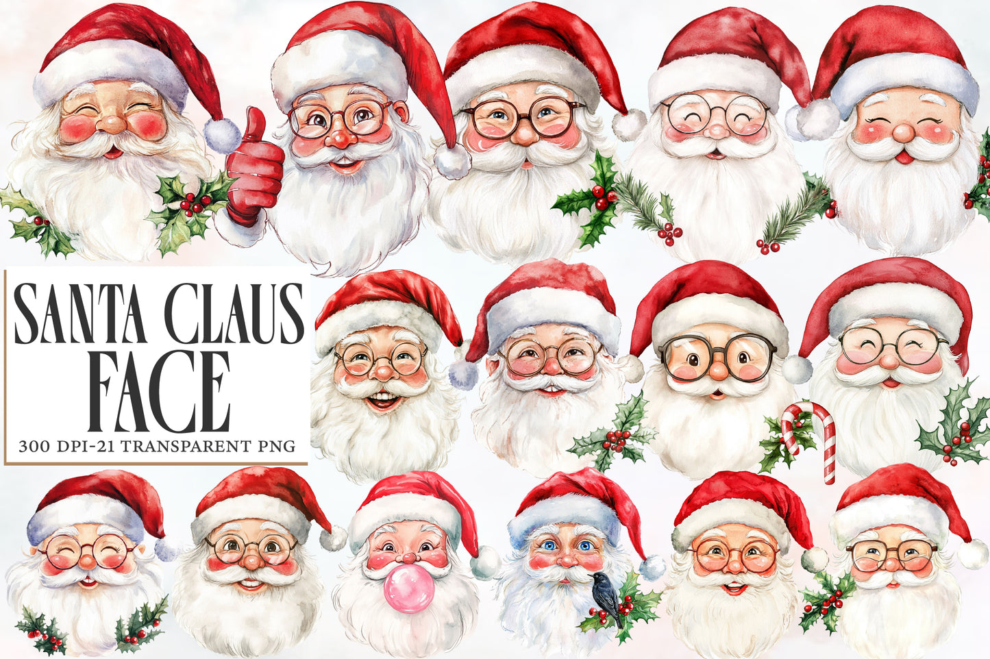 Santa Claus Face Watercolor Clipart PNG Bundle | Christmas Santa Face PNG | Santa Head Sublimation