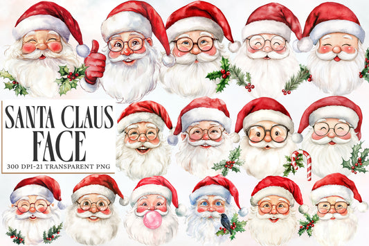 Santa Claus Face Watercolor Clipart PNG Bundle | Christmas Santa Face PNG | Santa Head Sublimation