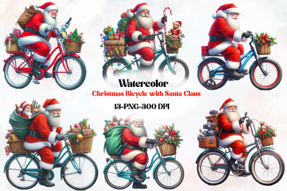 Christmas Santa Bicycle PNG Clipart Bundle | Watercolor Santa Claus Riding Bike, Holiday Bicycle, Gifts & Christmas Decorations