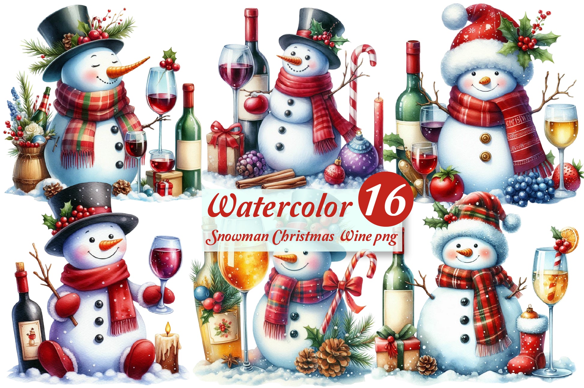 16 Watercolor Snowman Christmas Wine PNG Holiday Winter Clipart