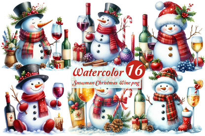16 Watercolor Snowman Christmas Wine PNG Holiday Winter Clipart