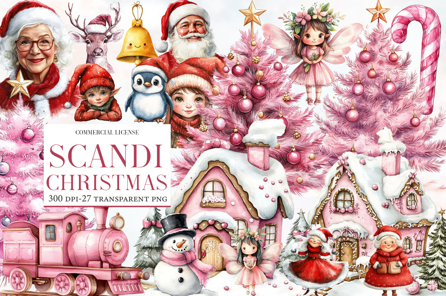 Scandi Christmas Watercolor Clipart PNG Bundle | Scandinavian Christmas Clipart | Pink Christmas Sublimation PNG