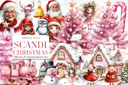 Scandi Christmas Watercolor Clipart PNG Bundle | Scandinavian Christmas Clipart | Pink Christmas Sublimation PNG