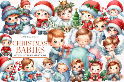 Christmas Babies Clipart PNG Bundle | Watercolor Christmas Baby, Santa Baby, Angel, Snowman, Gifts & Winter Baby Clipart