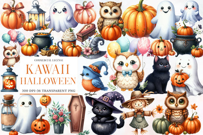 Kawaii Halloween Clipart PNG Bundle | Cute Ghost, Owl, Cat & Pumpkin Clipart