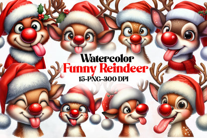 Watercolor Funny Reindeer Clipart PNG Bundle | Cute Christmas Reindeer, Rudolph & Holiday Characters