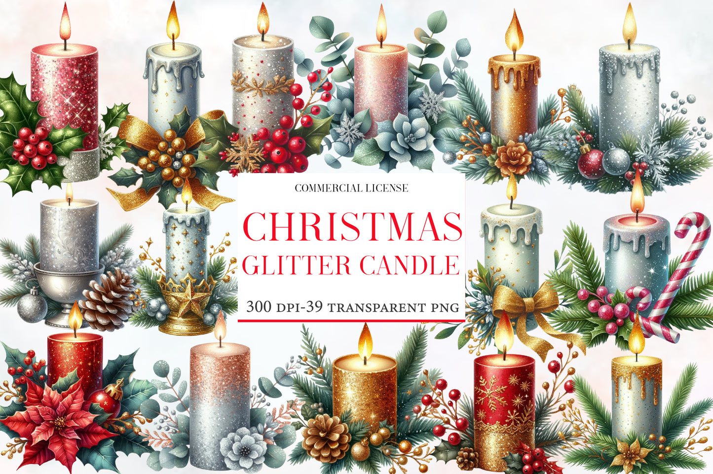 Christmas Glitter Candle Clipart PNG Bundle | Watercolor Sparkling Christmas Candle Clipart | Holiday Candle Sublimation PNG