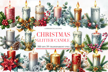 Christmas Glitter Candle Clipart PNG Bundle | Watercolor Sparkling Christmas Candle Clipart | Holiday Candle Sublimation PNG