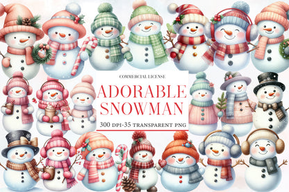 Adorable Snowman Clipart PNG Bundle | Cute Watercolor Christmas Snowman Clipart | Festive Winter Snowman PNG
