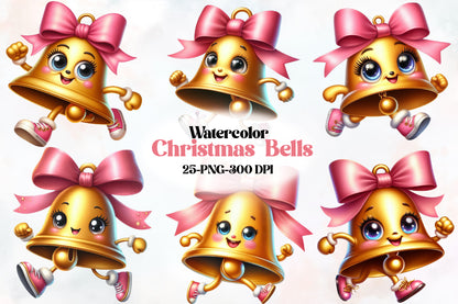 Christmas Bells PNG Clipart Bundle | Watercolor Cute Pink Bow Bells, Kawaii Christmas Bell Designs