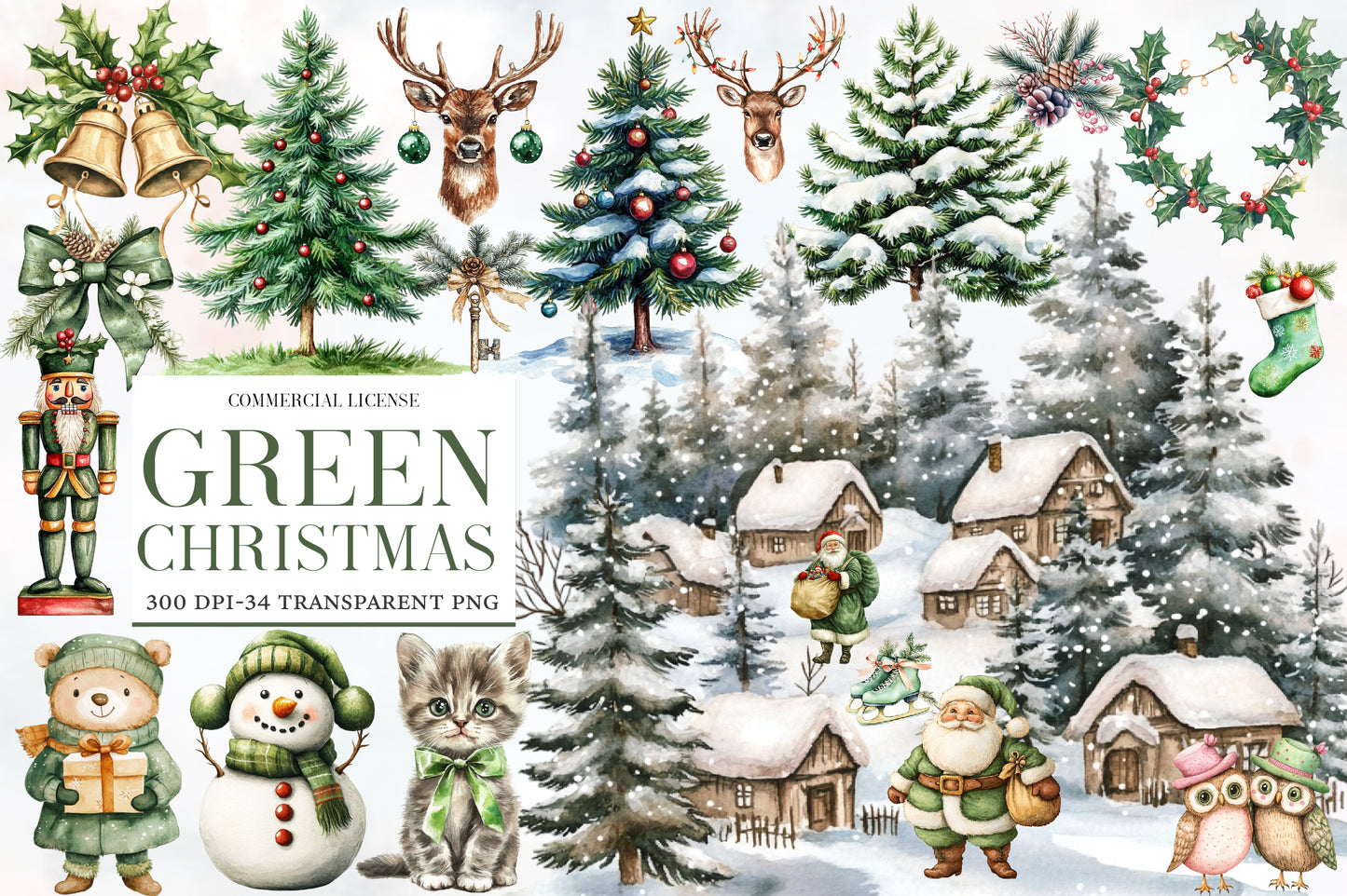 Green Christmas Watercolor Clipart PNG Bundle | Green Christmas Winter Clipart | Holiday Sublimation PNG