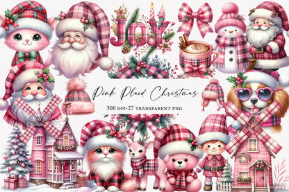 Pink Plaid Christmas Watercolor Clipart PNG Bundle | Cute Pink Tartan Christmas Clipart | Pink Christmas Sublimation PNG