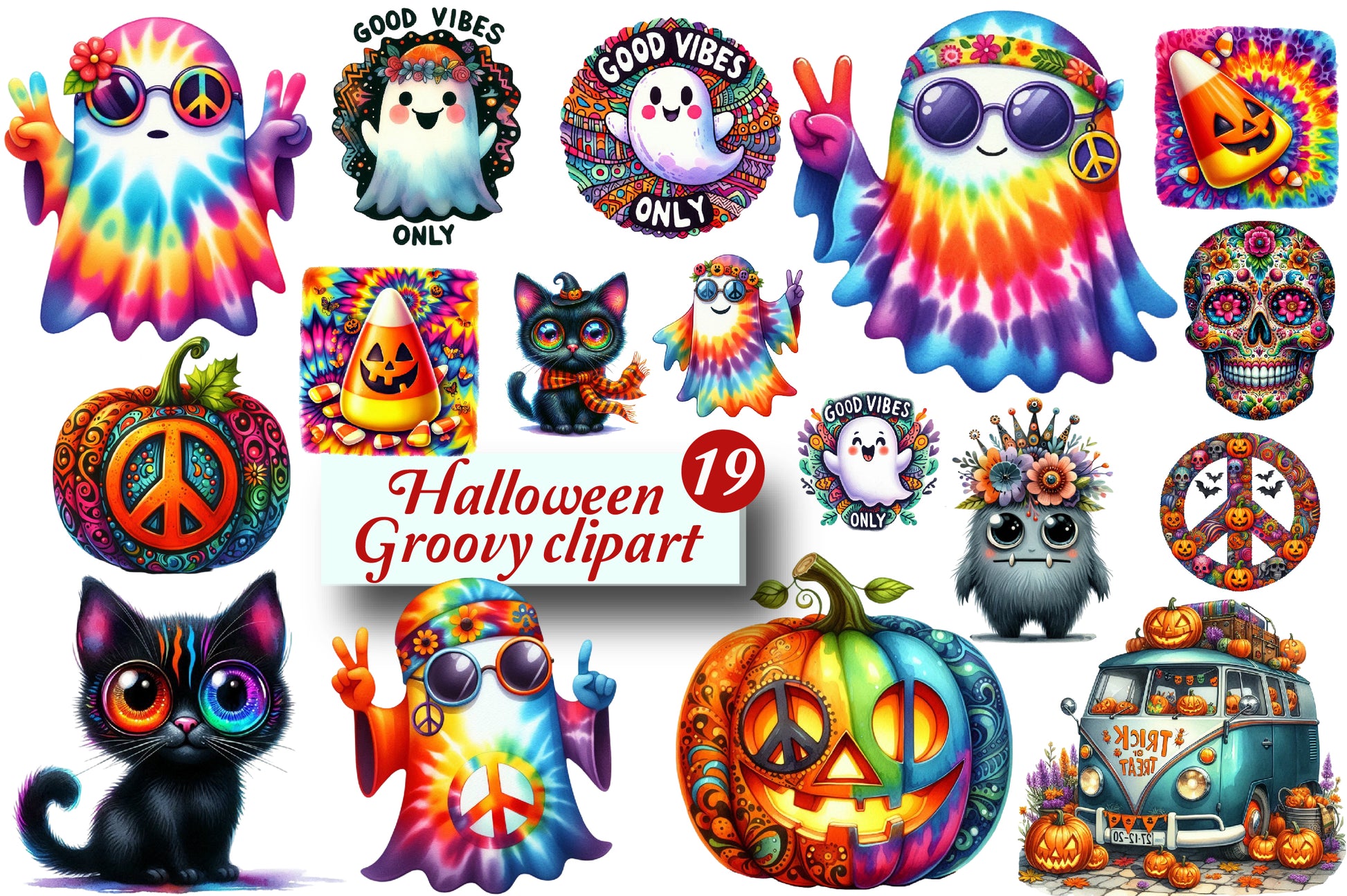 19 Halloween Groovy Clipart PNG Tie Dye Ghost Pumpkin Cat Peace Hippie Halloween