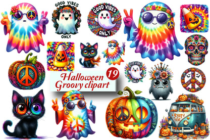 19 Halloween Groovy Clipart PNG Tie Dye Ghost Pumpkin Cat Peace Hippie Halloween