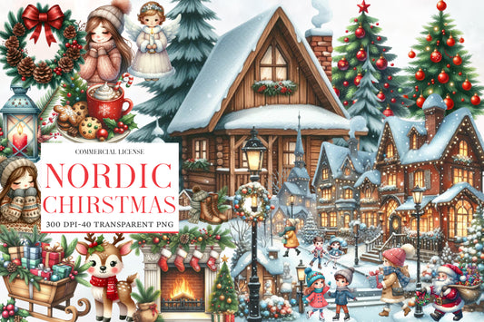 Antique Nordic Christmas Day Clipart PNG Bundle | Vintage Watercolor Scandinavian Christmas Clipart | Rustic Nordic Holiday PNG