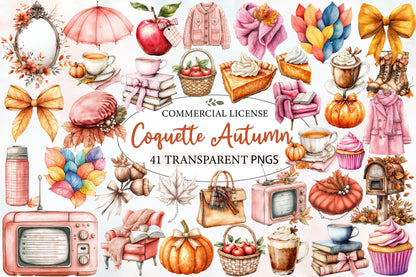 Coquette Autumn Clipart PNG Bundle | Pink Fall Clipart, Girly Autumn PNG