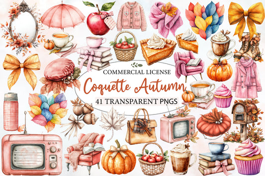 Coquette Autumn Clipart PNG Bundle | Pink Fall Clipart, Girly Autumn PNG