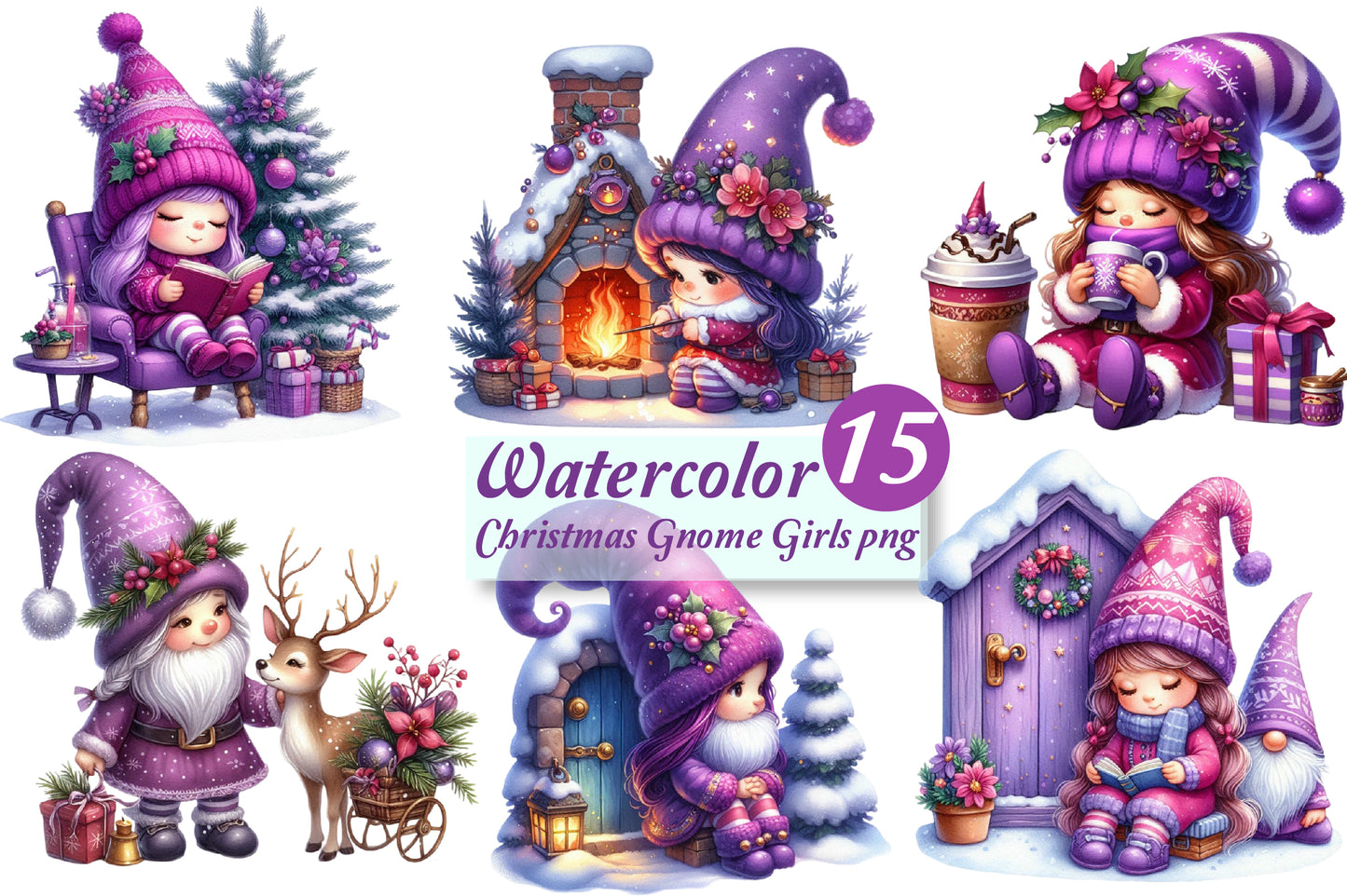 Christmas Gnome Girls PNG Bundle | Watercolor Christmas Gnome Girl, Cute Winter Gnome & Holiday Girl Clipart