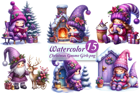 Christmas Gnome Girls PNG Bundle | Watercolor Christmas Gnome Girl, Cute Winter Gnome & Holiday Girl Clipart