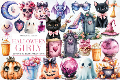 Halloween Girly Clipart PNG Bundle | Pink Black Cat, Ghost, Skull, Pumpkin, Bat & Witch PNG