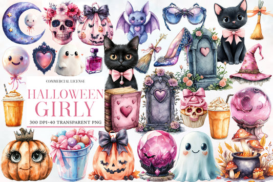 Halloween Girly Clipart PNG Bundle | Pink Black Cat, Ghost, Skull, Pumpkin, Bat & Witch PNG