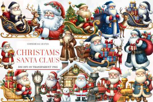 Christmas Santa Claus Clipart PNG Bundle | Watercolor Santa, Reindeer, Sleigh, Gifts, Christmas Train & Holiday Clipart