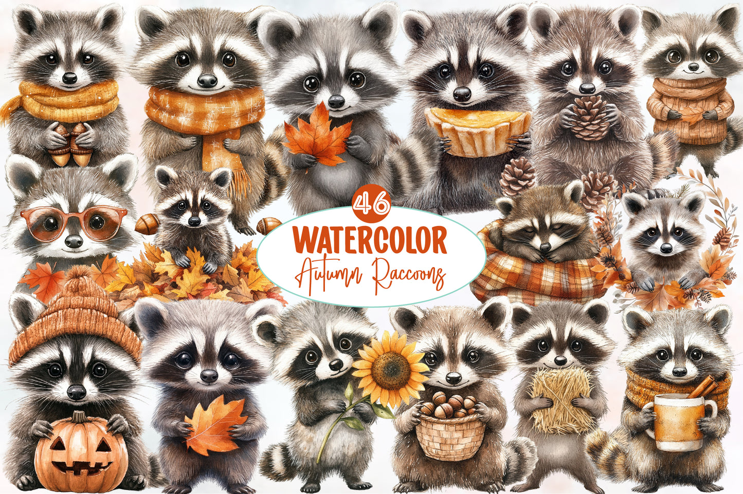 Watercolor Autumn Raccoons Clipart Bundle Cute Fall Raccoon PNG