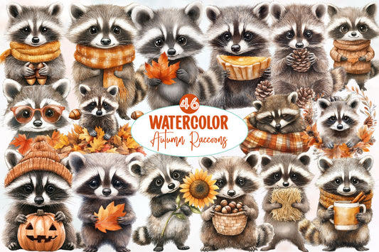 Watercolor Autumn Raccoons Clipart Bundle Cute Fall Raccoon PNG