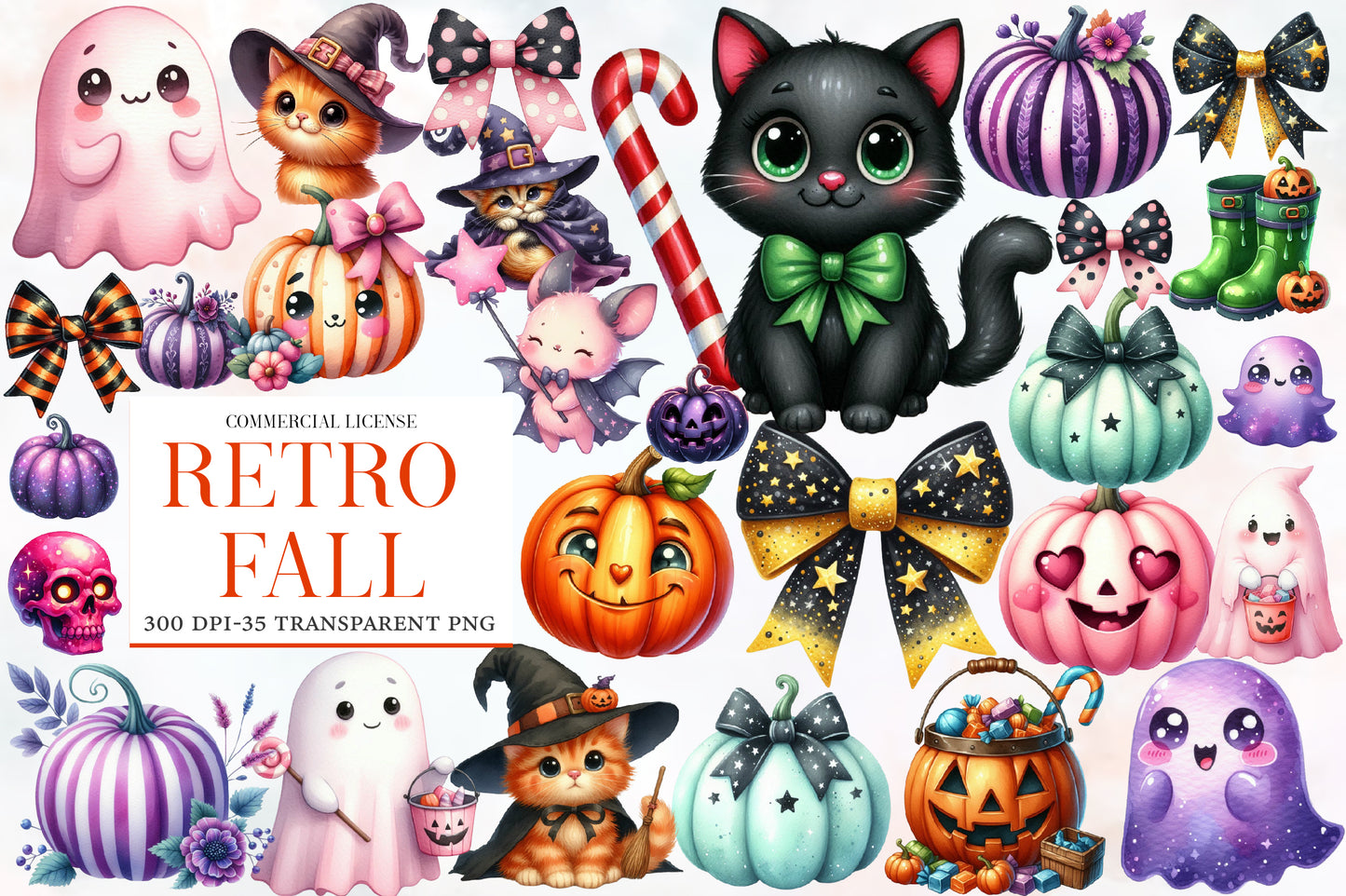 Retro Fall Halloween Watercolor Clipart PNG Bundle | Cute Halloween Clipart | Retro Halloween Sublimation PNG