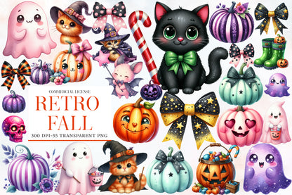 Retro Fall Halloween Watercolor Clipart PNG Bundle | Cute Halloween Clipart | Retro Halloween Sublimation PNG
