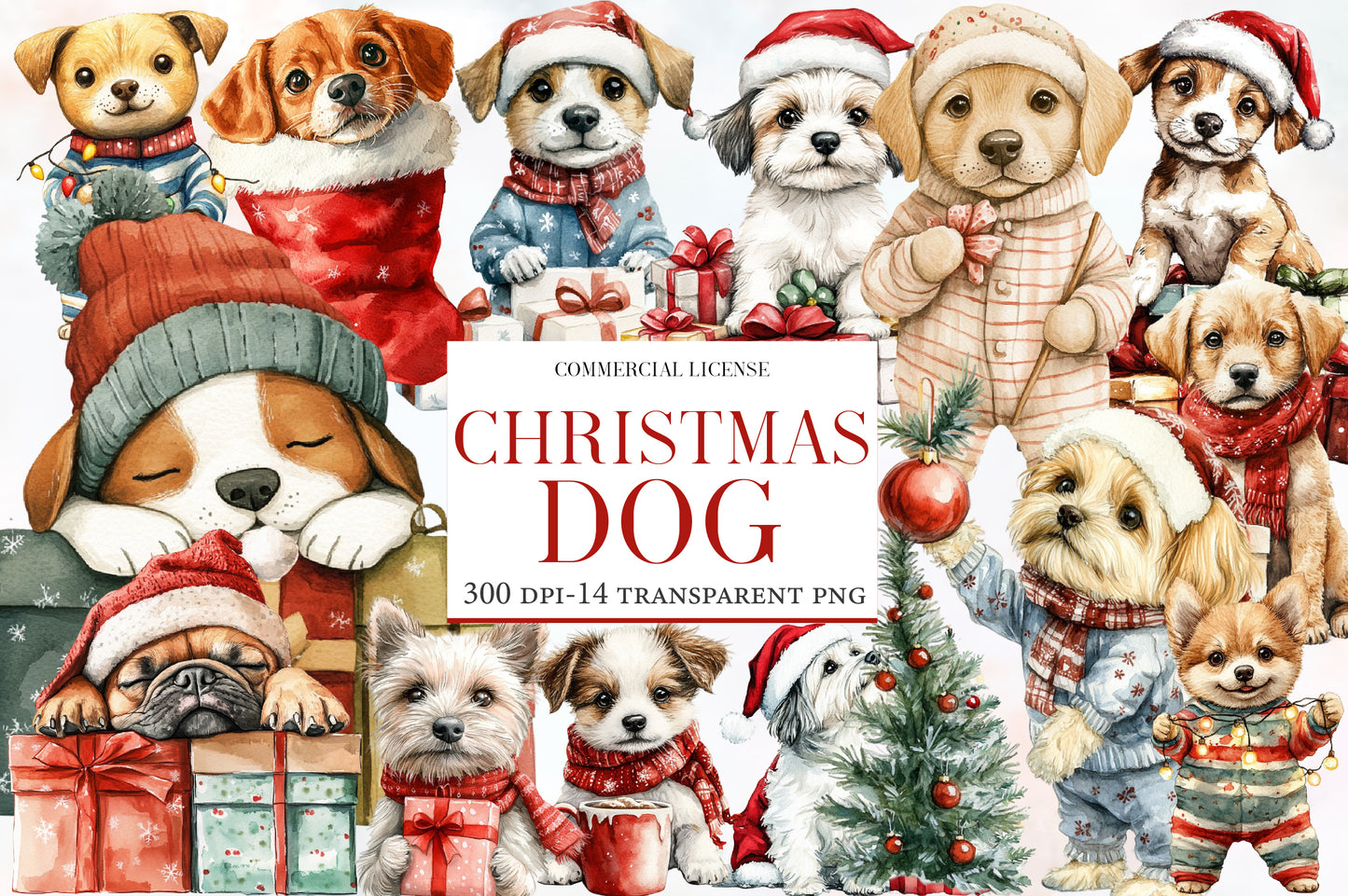 Christmas Dog Clipart PNG Bundle | Watercolor Cute Christmas Dog Clipart | Festive Holiday Puppy Sublimation PNG