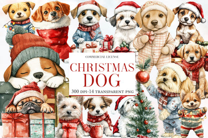 Christmas Dog Clipart PNG Bundle | Watercolor Cute Christmas Dog Clipart | Festive Holiday Puppy Sublimation PNG
