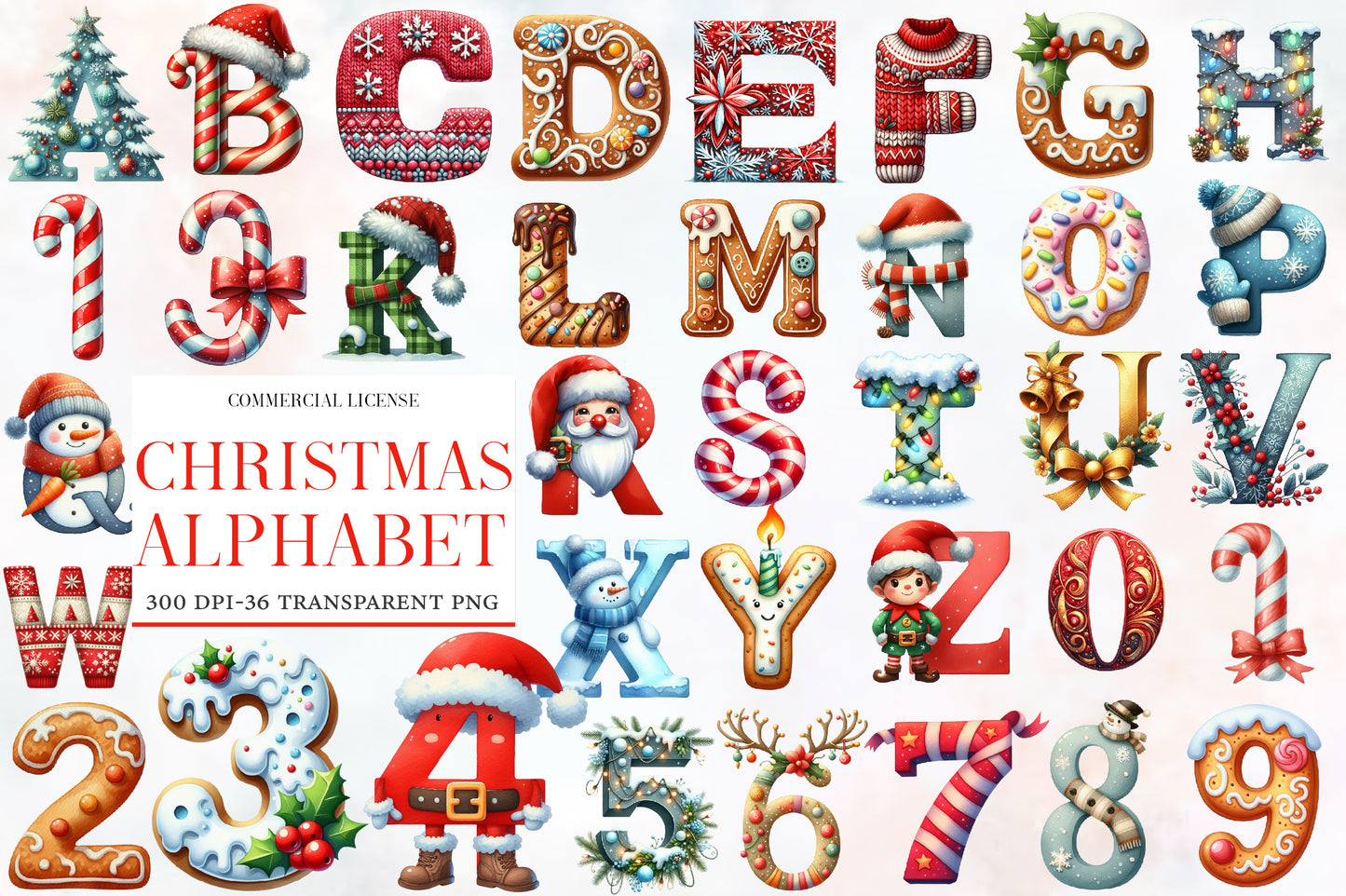 Christmas Alphabet Clipart PNG Bundle | Watercolor Festive Christmas Alphabet Letters | Holiday ABC PNG
