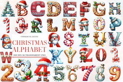 Christmas Alphabet Clipart PNG Bundle | Watercolor Festive Christmas Alphabet Letters | Holiday ABC PNG