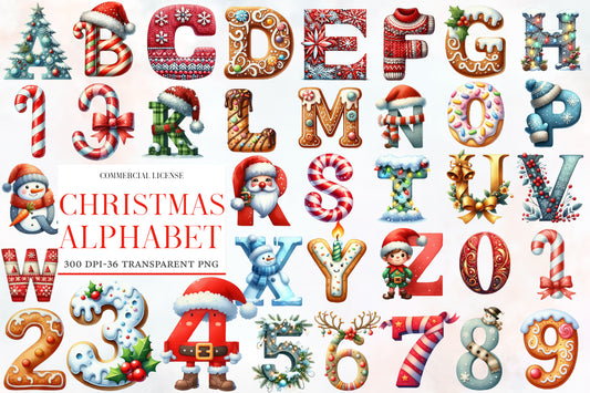 Christmas Alphabet Clipart PNG Bundle | Watercolor Festive Christmas Alphabet Letters | Holiday ABC PNG