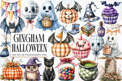 Gingham Halloween Clipart PNG Bundle | Plaid Pumpkin PNG, Gingham Ghost Clipart,