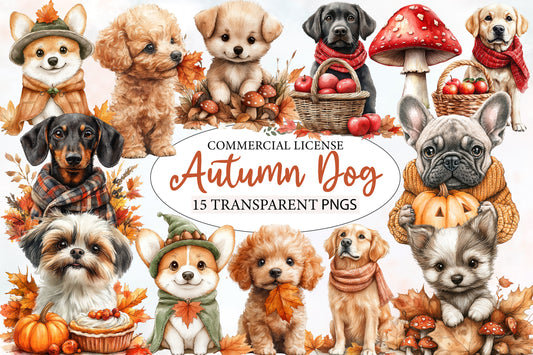 Watercolor Autumn Dog Clipart PNG Bundle | Cute Fall Dogs, Pumpkin, Scarf, Leaves & Cozy Puppy Sublimation