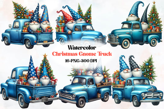 16 Christmas Gnome Truck PNG Clipart Bundle Watercolor Vintage Holiday Pickup