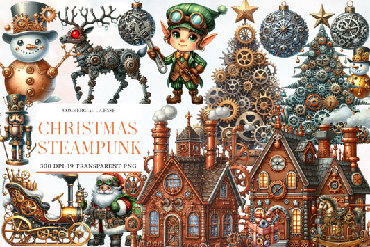 Christmas Steampunk Clipart PNG Bundle | Watercolor Steampunk Christmas Clipart | Vintage Mechanical Holiday Sublimation PNG