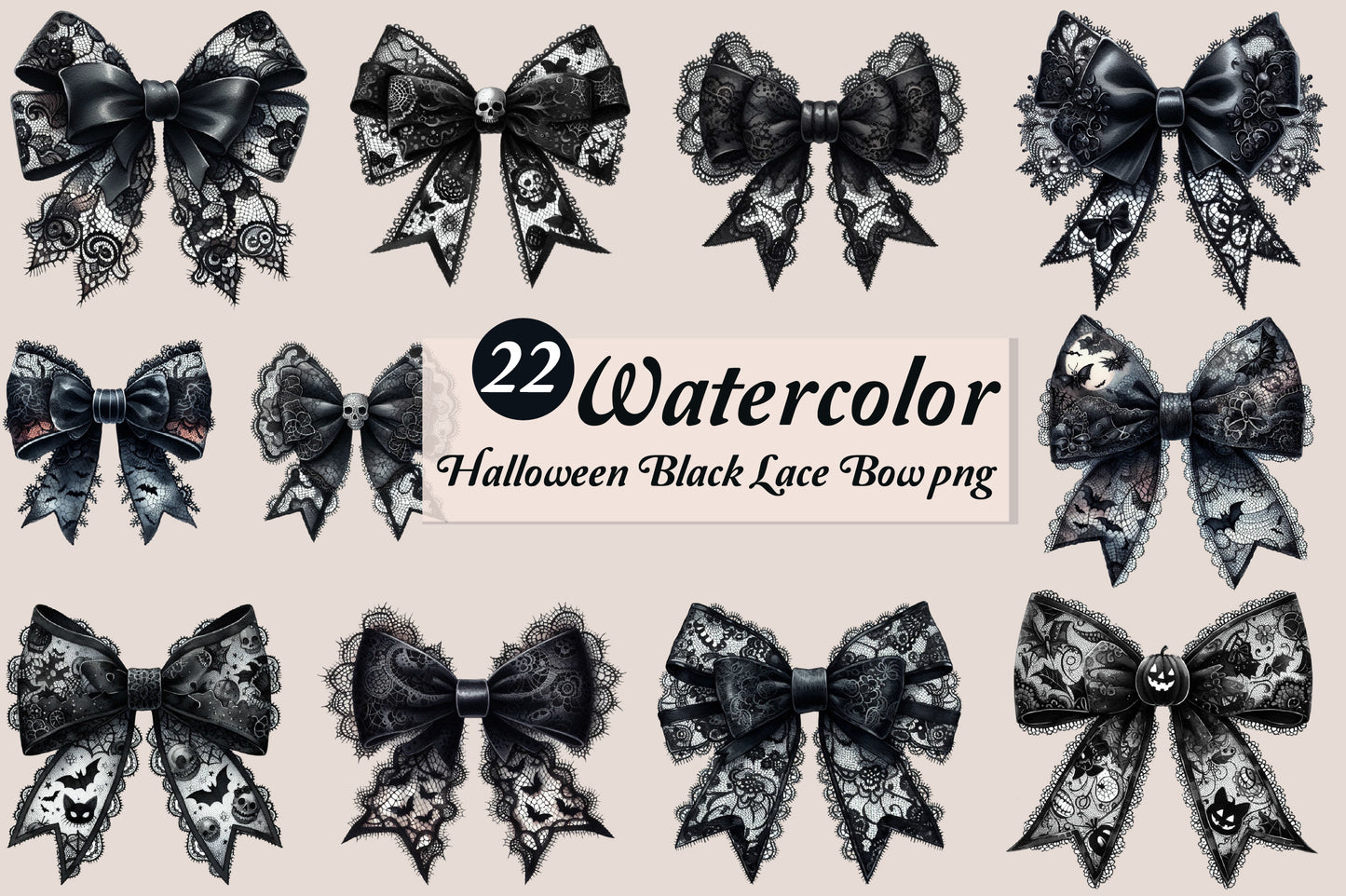 22 Watercolor Halloween Black Lace Bow PNG Bundle Gothic Spooky Bow Clipart